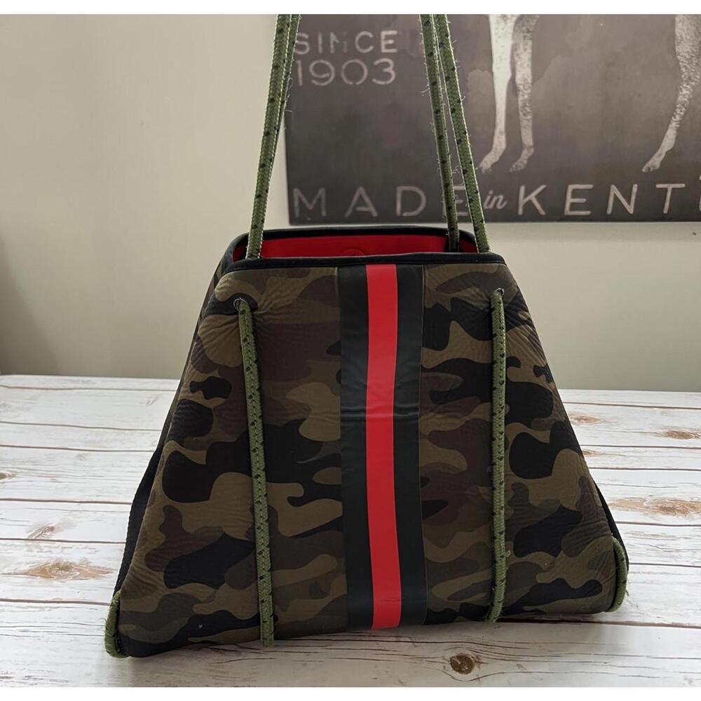 Haute Shore Greyson‎ Tote Bag Camo Green Red Stripe Neoprene Large OS